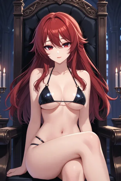Anime Girl in Black Bikini Sitting on Throne