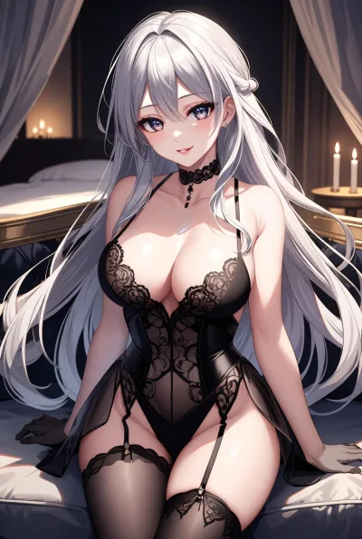 Anime girl with big breasts and black lace lingerie