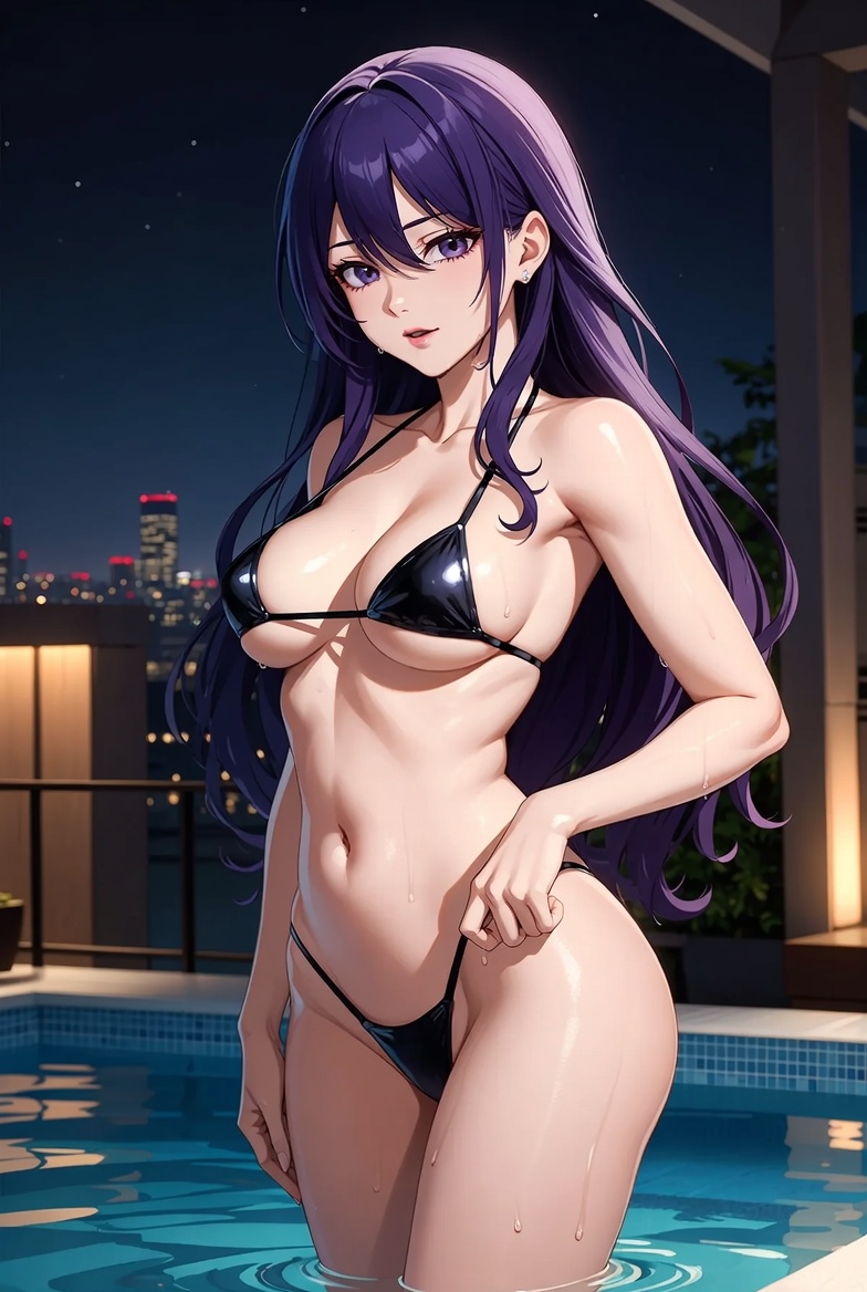 Purple Haired Anime Girl in Black Bikini