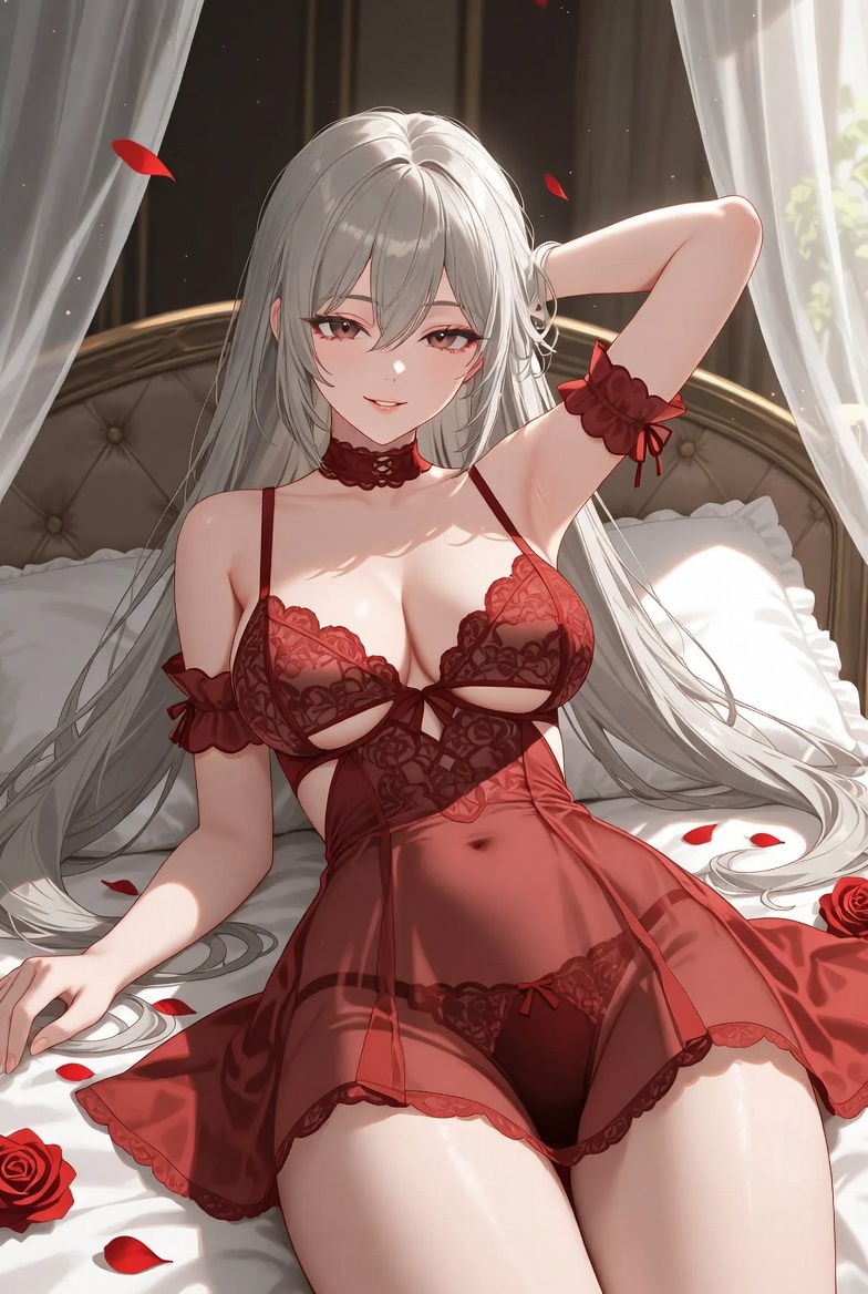 Red-haired Anime Girl in Red Lingerie