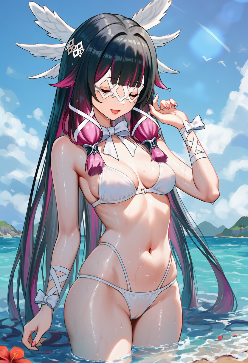 Anime girl in white bikini with pink hair