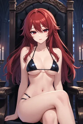 Anime Girl in Black Bikini Sitting on Throne