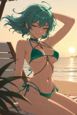 Anime girl in green bikini on beach