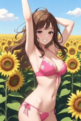 Sunflower Field with Woman in Pink Bikini