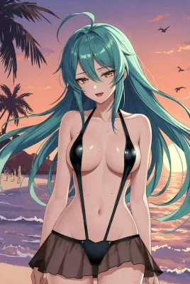 Anime girl in a bikini on the beach