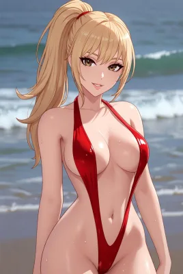 Anime girl in red bikini on beach