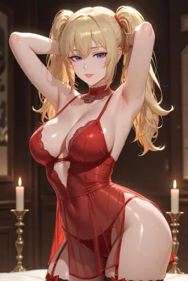 Anime girl in red dress with wet hair