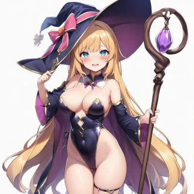 Witch in Black Costume with Purple Wand