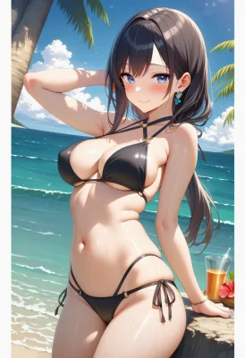 Anime girl in black bikini on beach